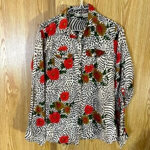 Button Down Brown Leopard Floral Print Cotton Shirt Blouse